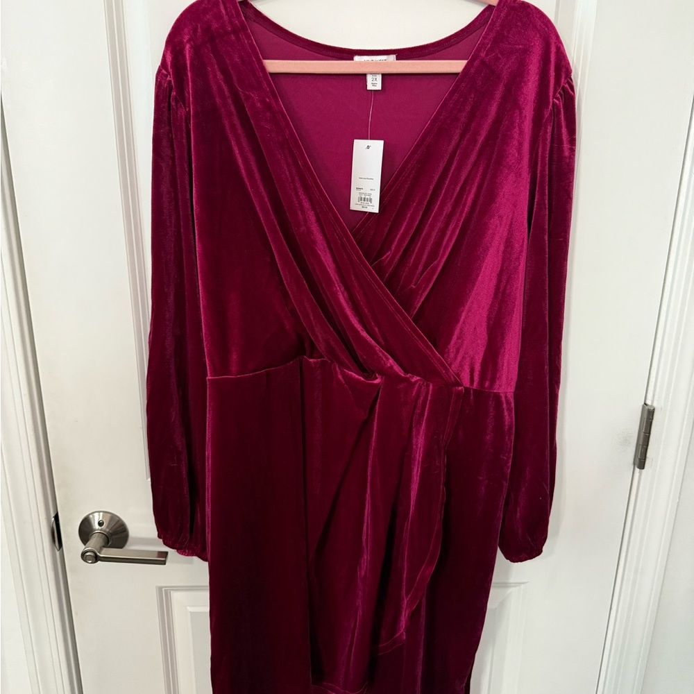 Nine West Velvet Wrap Dress in Deep Red